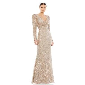 Mac Duggal Sequined Surplice Gown Dress 5510 Puff Shoulder Shimmering Gold 4 NEW